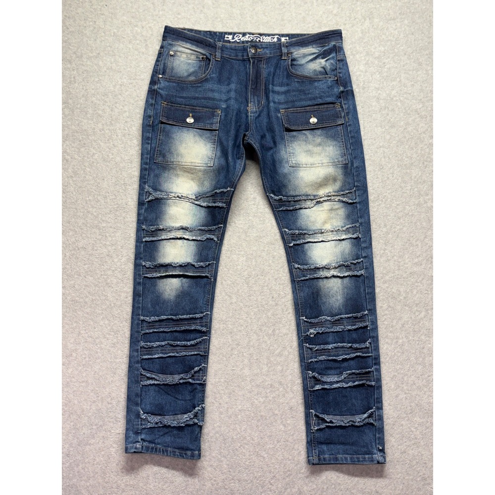 Retro Stitch Mens‎ Distressed Straight Leg Jeans Blue DNA-30-MW-A 36x32